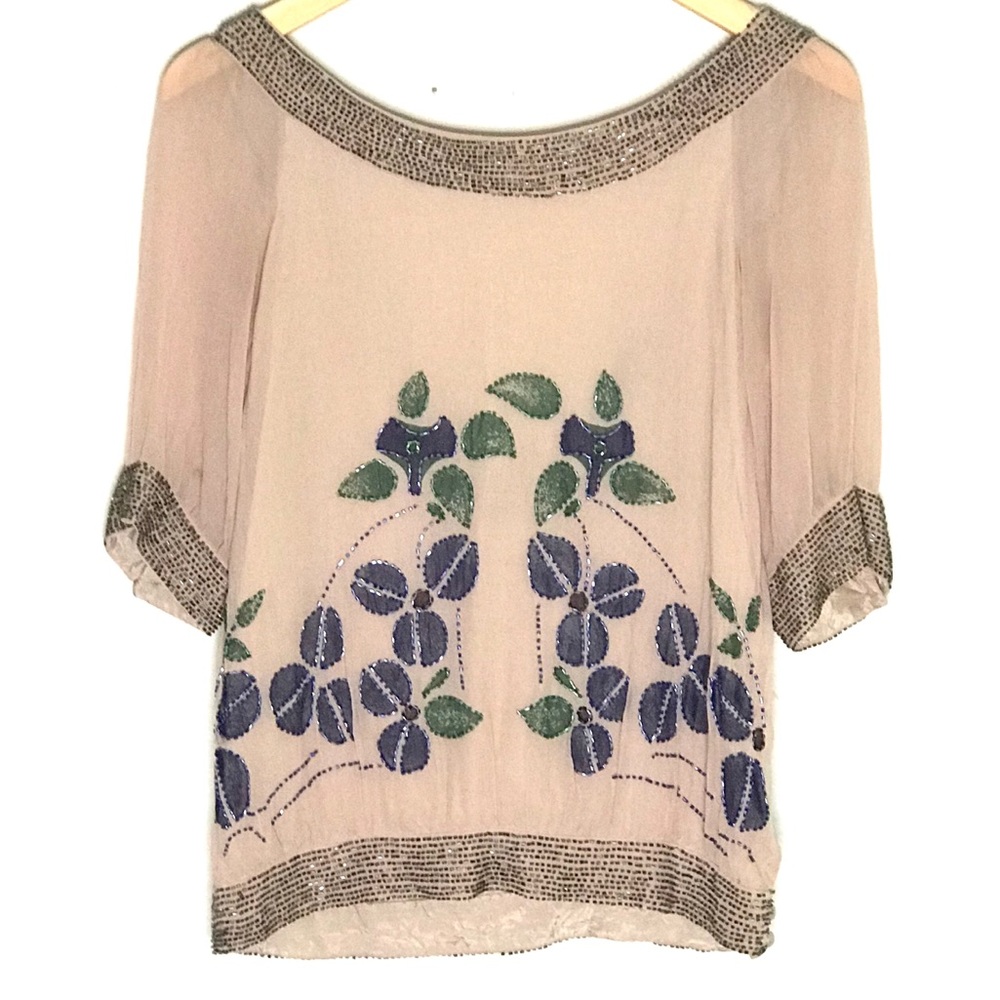 REISS Beaded Top Blouse Cut Out Tie Back Size 6